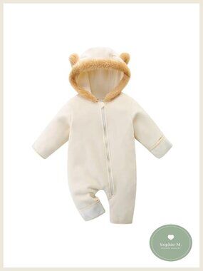 Baby Fleece Hooded Jumpsuit Bear Ears Zip Snowsuit Infant Warm
